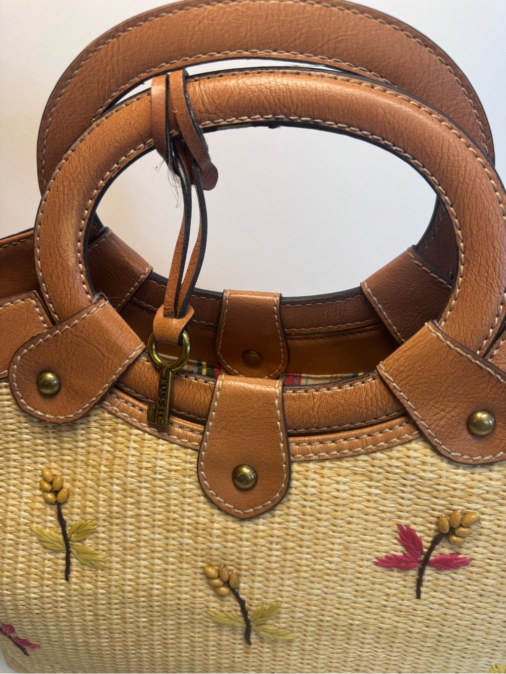 Fossil Tan Straw Tote with Brown Leather Trim and Multicolor Embroidery - Picture 4 of 16